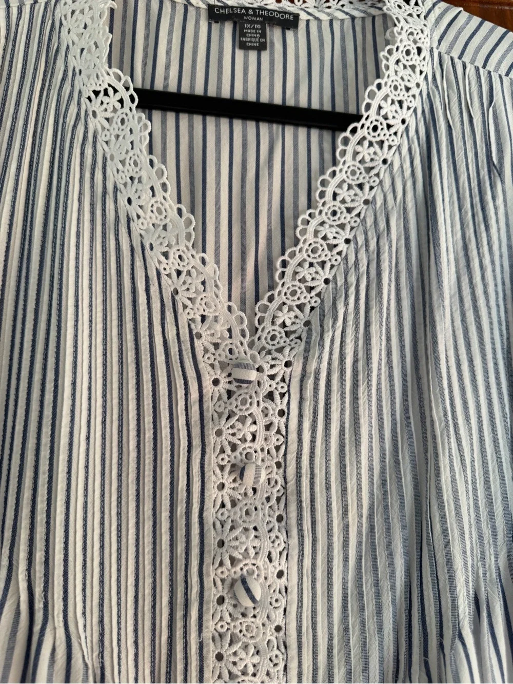 Chelsea & Theodore Navy and White Striped Lace-Trim Peasant Blouse - Picture 3 of 5